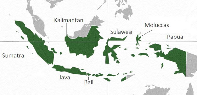 The main islands of Indonesia, bordered by Malaysia and Thailand in the north and Australia in the south.